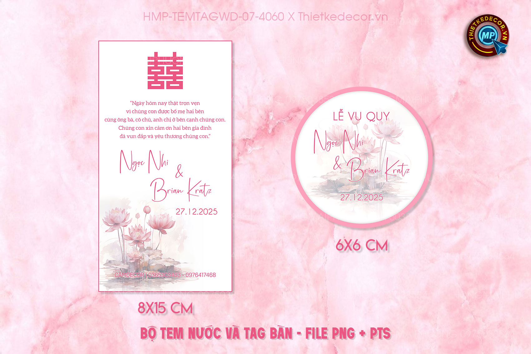 Bộ Tem nước tag bàn tone hồng, họa tiết hoa sen
